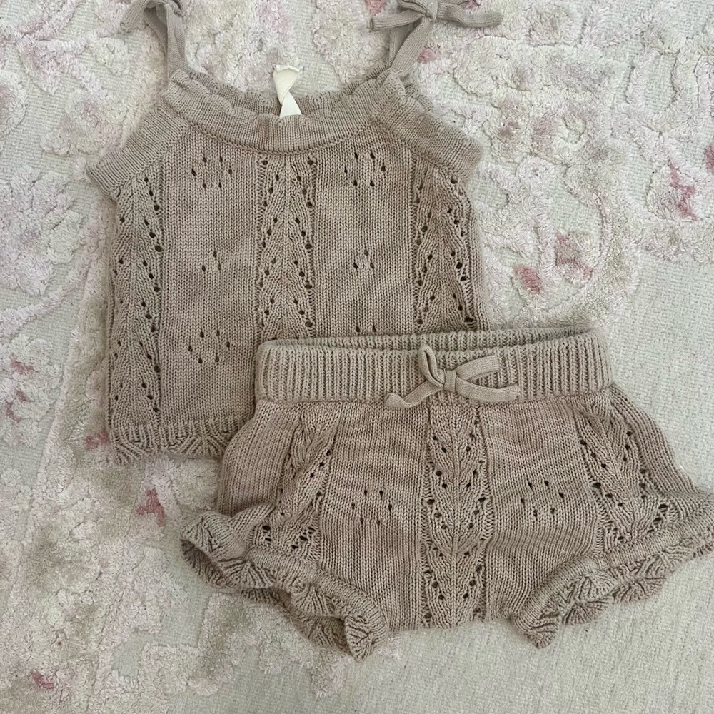 Tan Knitted Set with Intricate Openwork